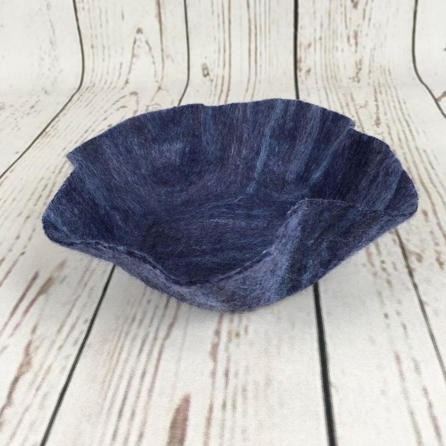 Fluted blue felt bowl, decorative dish, trinket dish, wet felted in merino wool