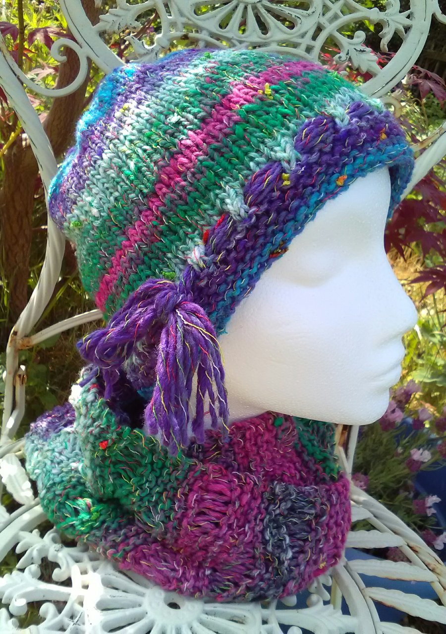 Handknit Noro Hat & Cowl Set. Cotton Silk Wool in Pink, Blue, Green, Purple