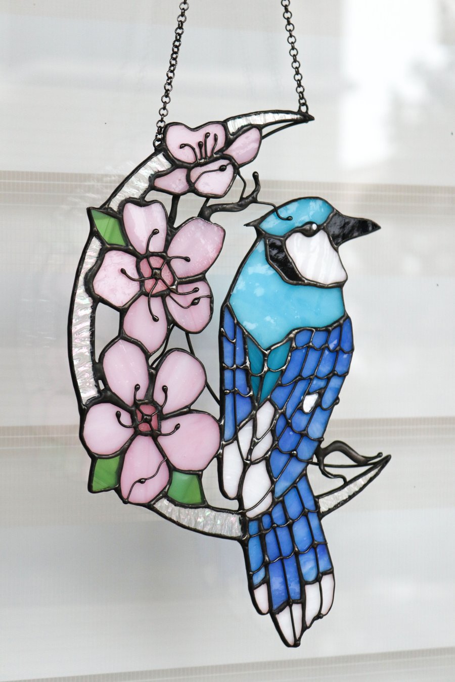 Suncatcher Blue jay with sakura on crescent moon Stained glass Art decor Wall ha