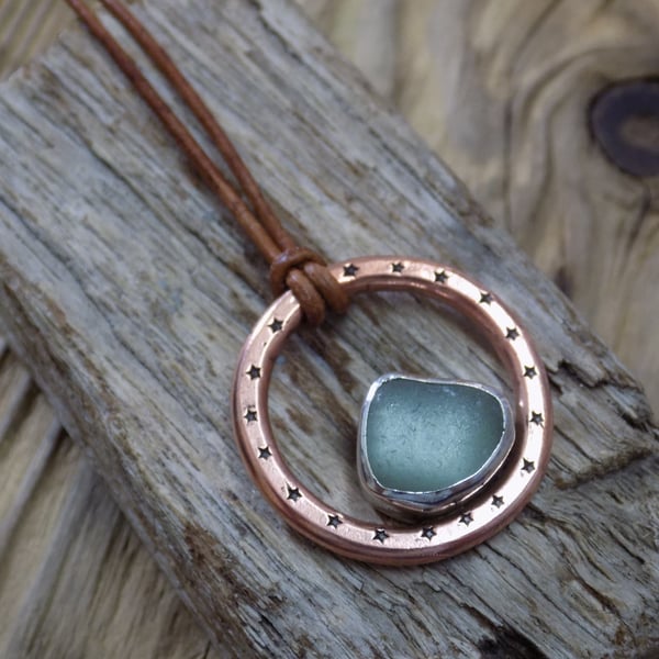 Copper and silver organic hoop sea glass pendant 