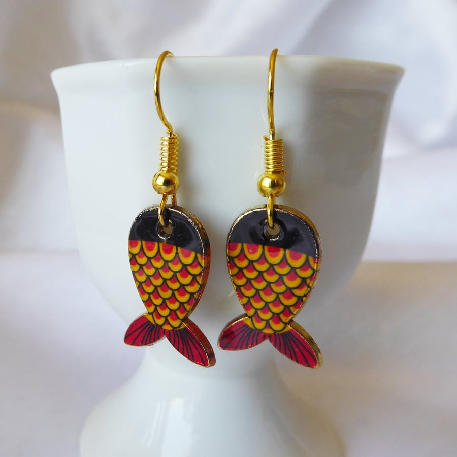 Red & Yellow Fish shaped Earrings with gold plated ear wires