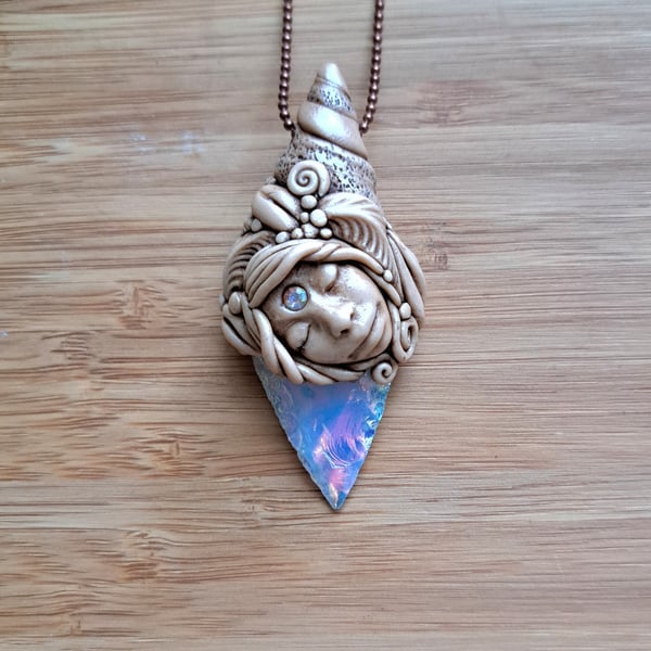 Angel Aura Opalite Crystal and Polymer Clay Goddess Amulet Pendant 