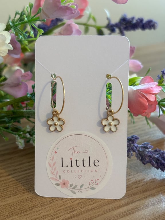 White Flower Hoop Earrings, Enamel Floral Charms, Handmade Jewellery