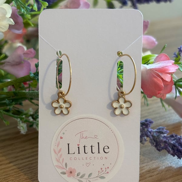 White Flower Hoop Earrings, Enamel Floral Charms, Handmade Jewellery