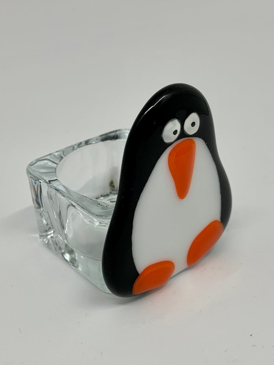 Penguin Hand fused Glass Tea Light holder. (With tea light)