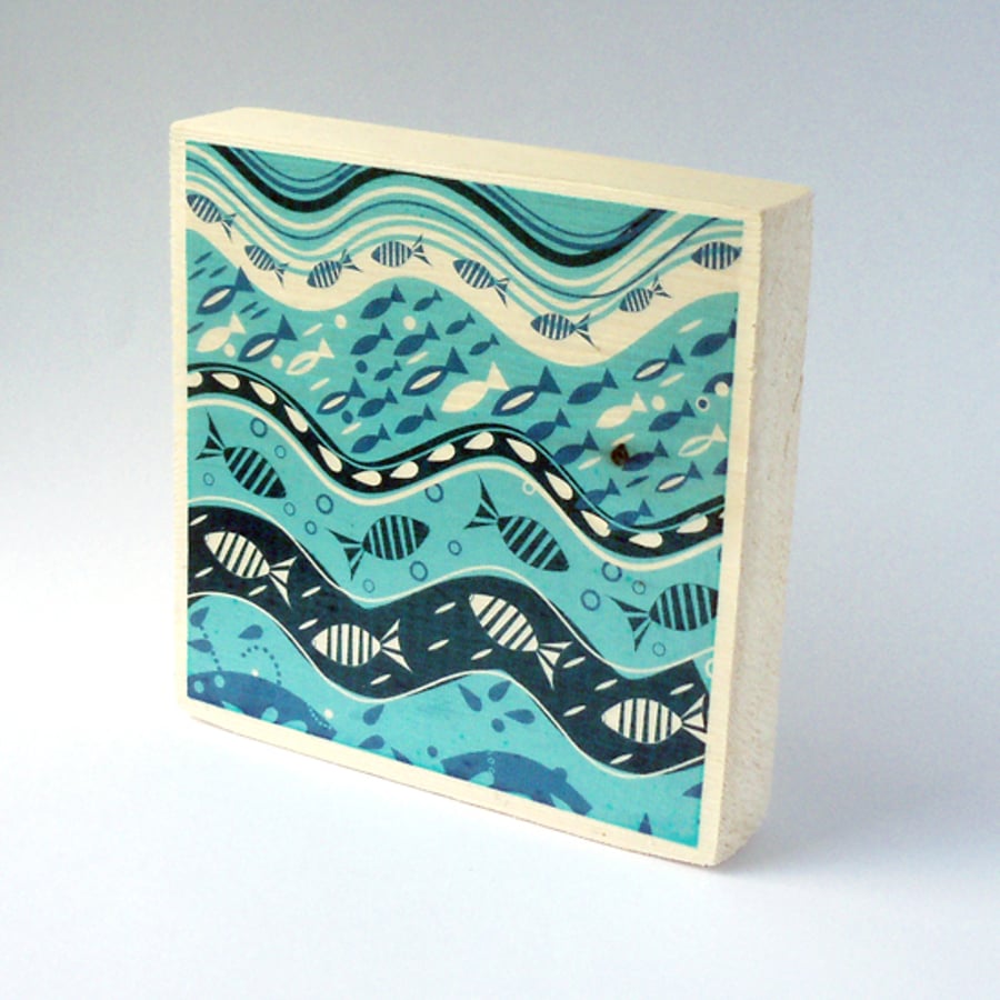 Fish in the Waves - Decal Print Mounted on Spruce Wood