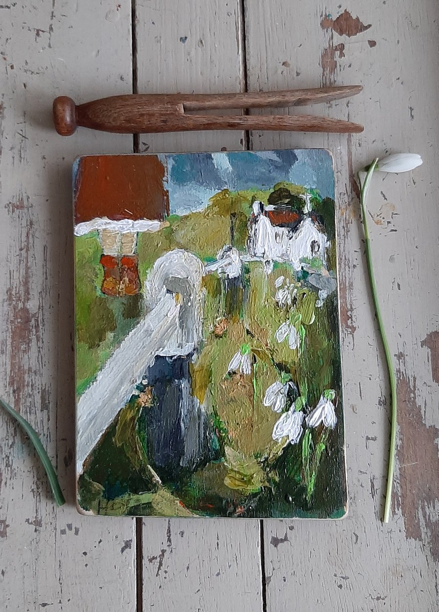 Small painting 'snowdrops in the village'