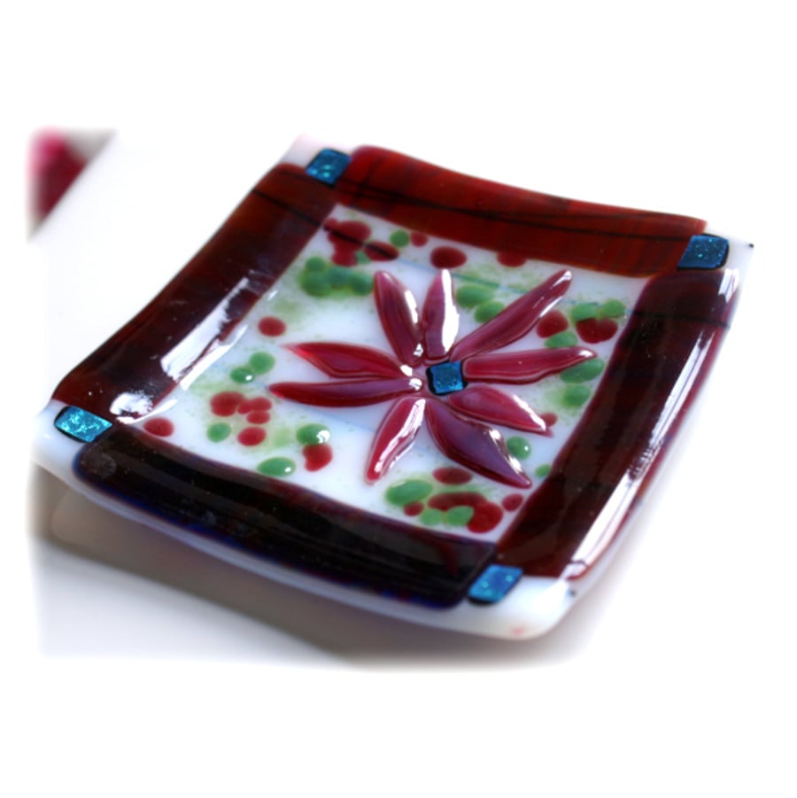 Fused Glass Dish 11cm Plum Flower Dichroic Bordered 003