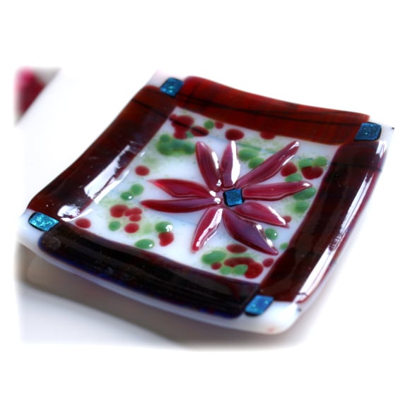 Fused Glass Dish 11cm Plum Flower Dichroic Bordered 003