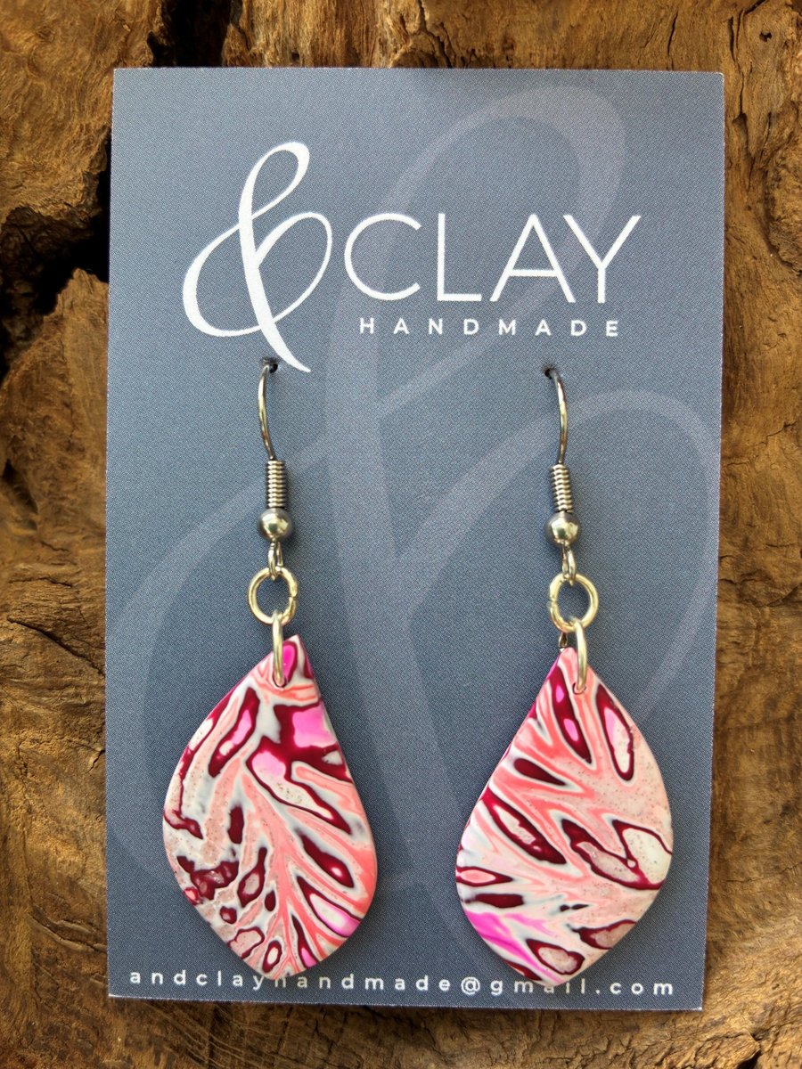Mokume Gane Pale Pink, Coral and Burgundy Drop Earrings