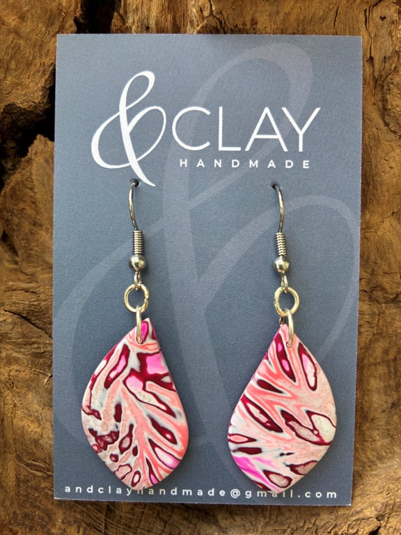 Mokume Gane Pale Pink, Coral and Burgundy Drop Earrings