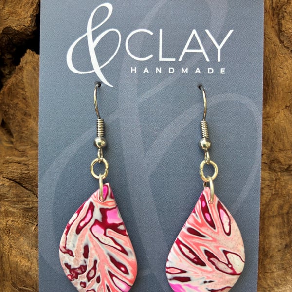 Mokume Gane Pale Pink, Coral and Burgundy Drop Earrings
