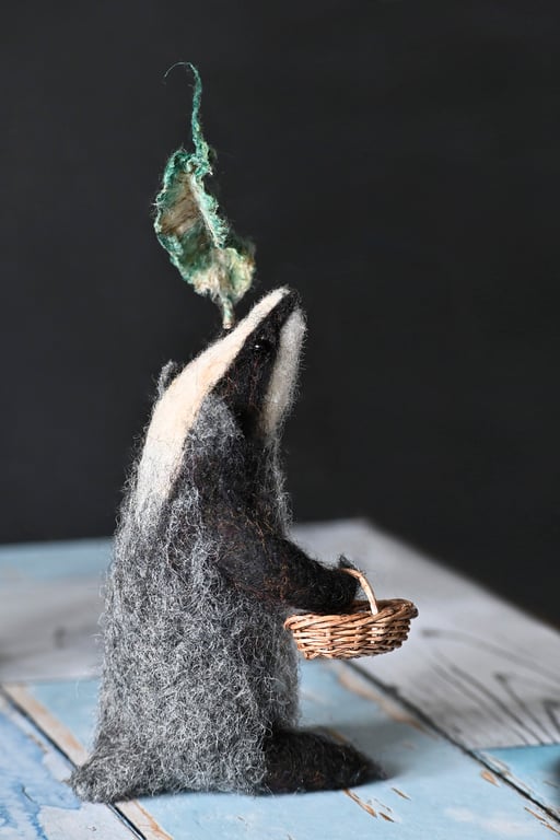 Needle felted badger - OOAK - with leaf umbrella