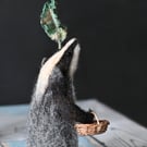 Needle felted badger - OOAK - with leaf umbrella