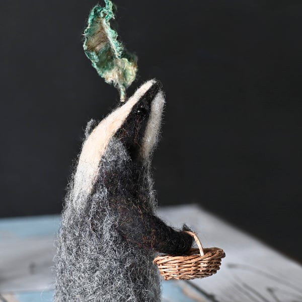 Needle felted badger - OOAK - with leaf umbrella