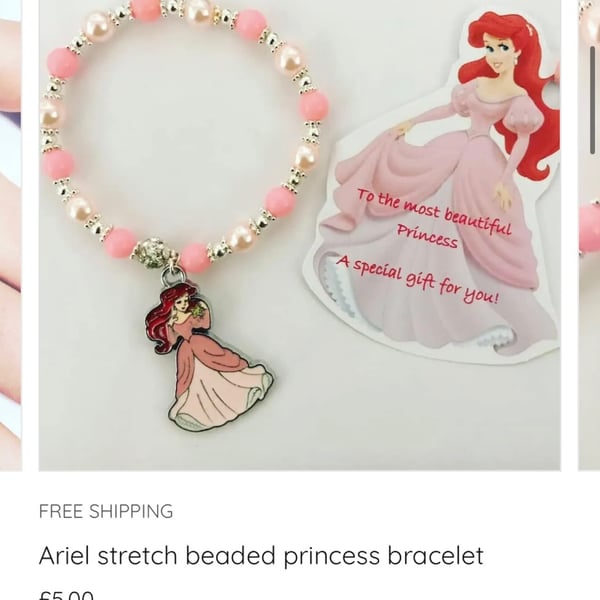 Ariel charm shamballa pink stretch beaded bracelet with gift label 