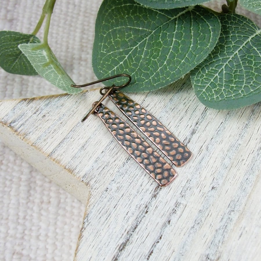 Copper Earrings, Dotty Patterned Bar Droppers with Niobium Ear Wires