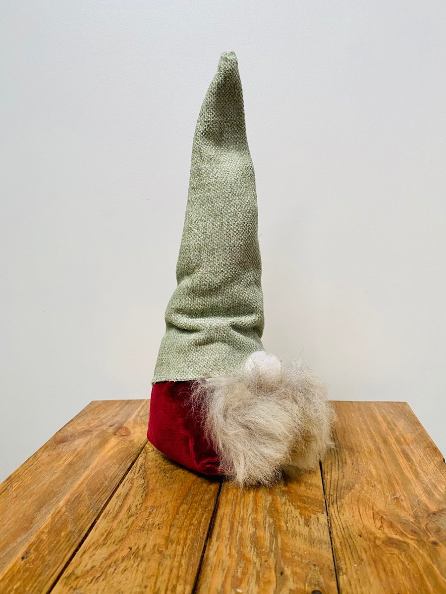 Small deep red Christmas Santa Gnome made from recycled materials