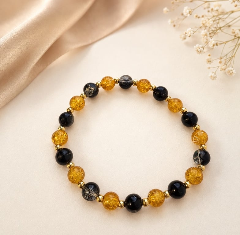 Black and Golden Yellow Crackle Bead Bracelet – Handmade Stretch Jewellery