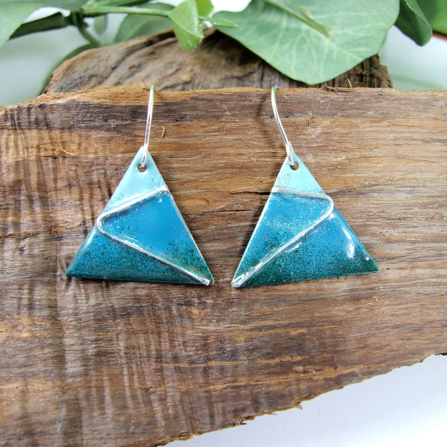 Earrings, Green Triangle Droppers. Copper with Enamel and Silver Accents