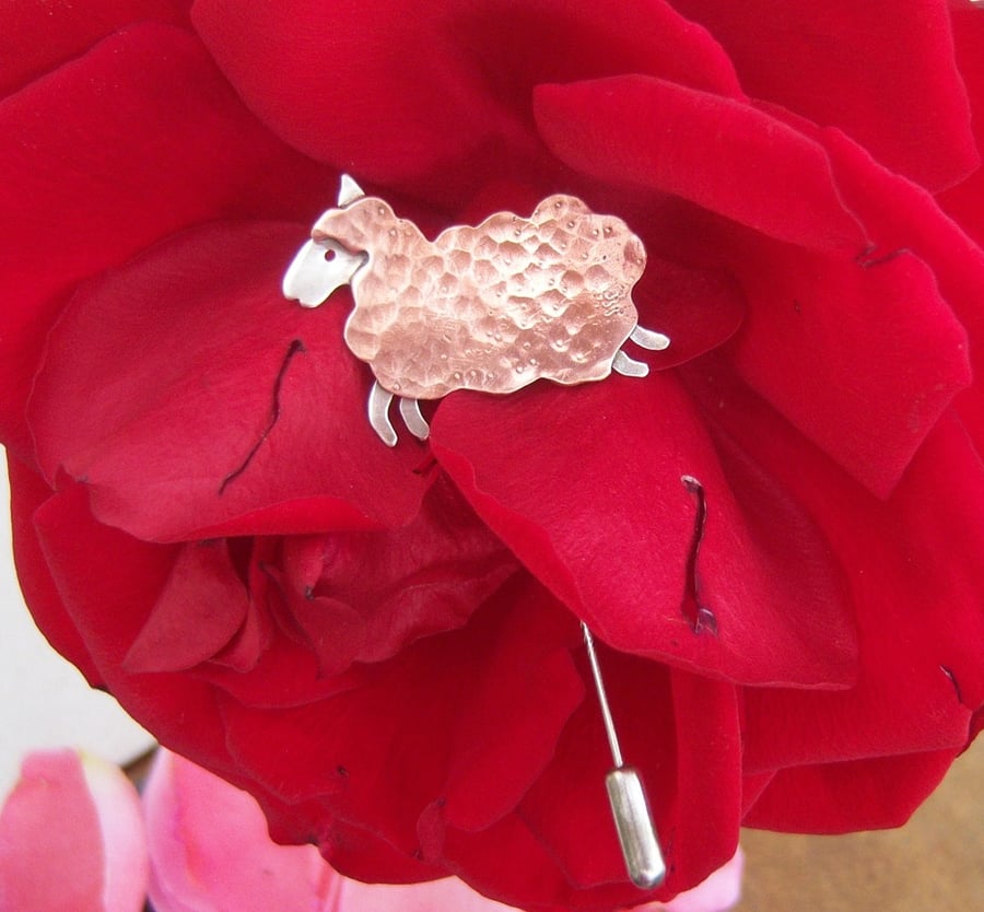 Sheep pin in copper and sterling silver
