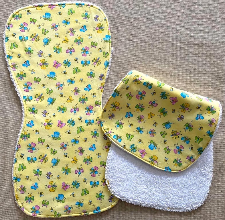 Handmade Baby Burp Cloth Cotton Terry Butterflies Yellow