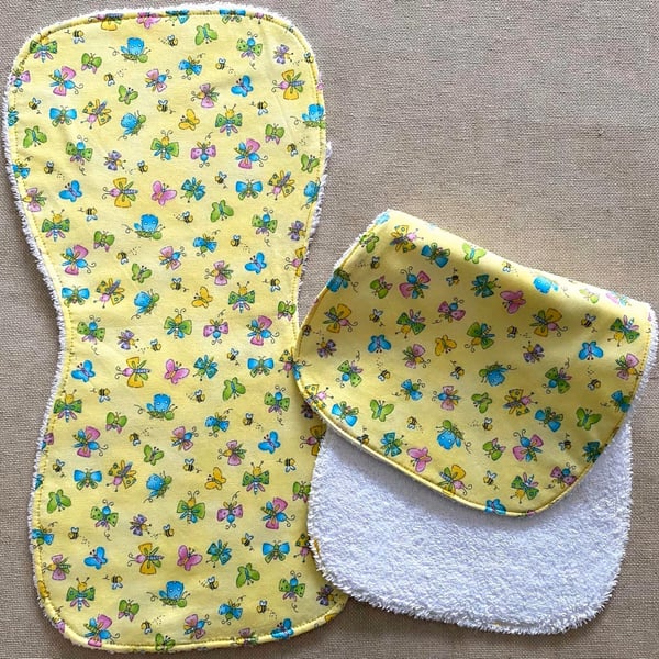 Handmade Baby Burp Cloth Cotton Terry Butterflies Yellow