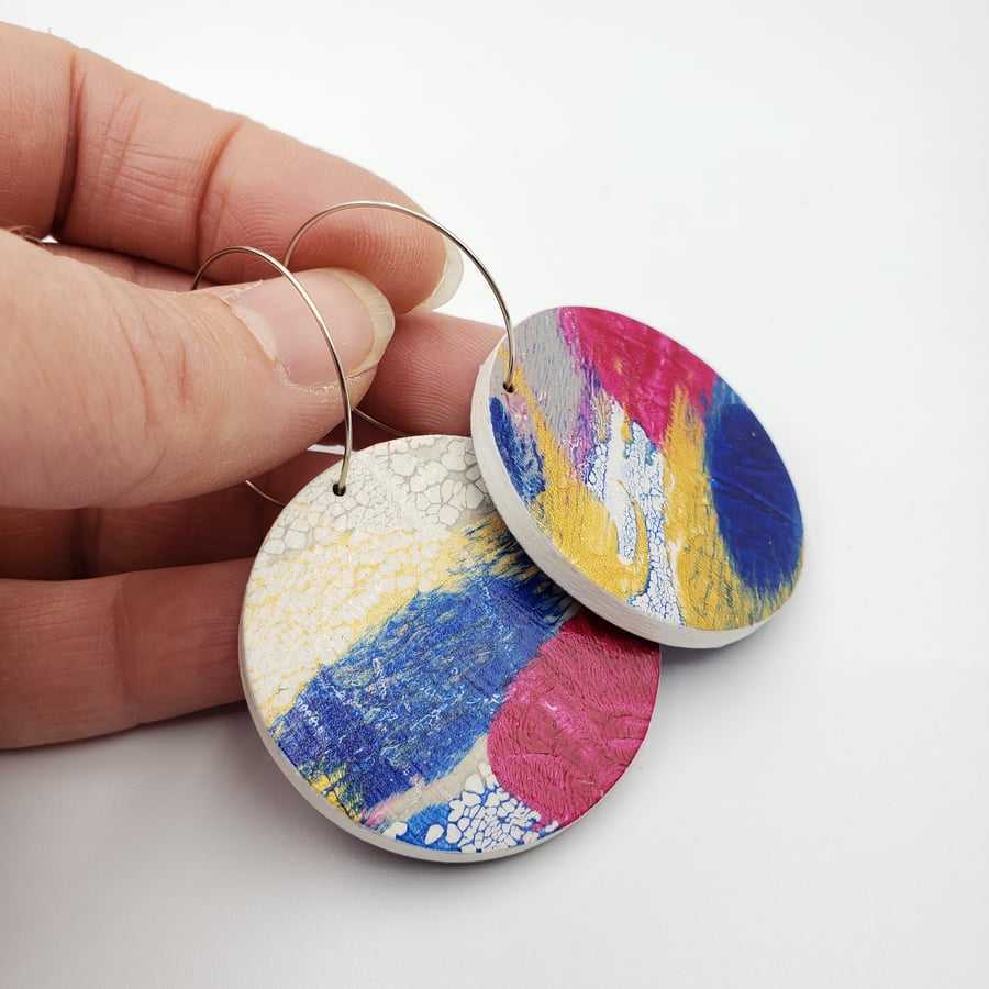 Hot pink, dark blue, gold, grey and white hand printed dangly earrings