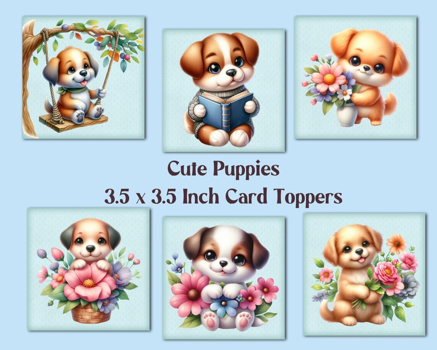 Cute Puppies Square Card Toppers for Card Making, Tags, Journals, Scrapbooks