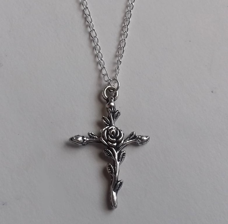 Silver Plate Gothic Rose Cross Necklace