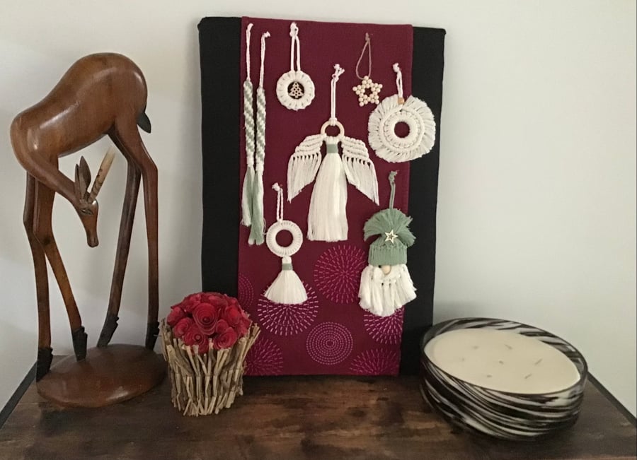 Boho macrame Christmas decoration set- sage green trim