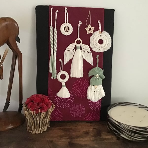 Boho macrame Christmas decoration set- sage green trim