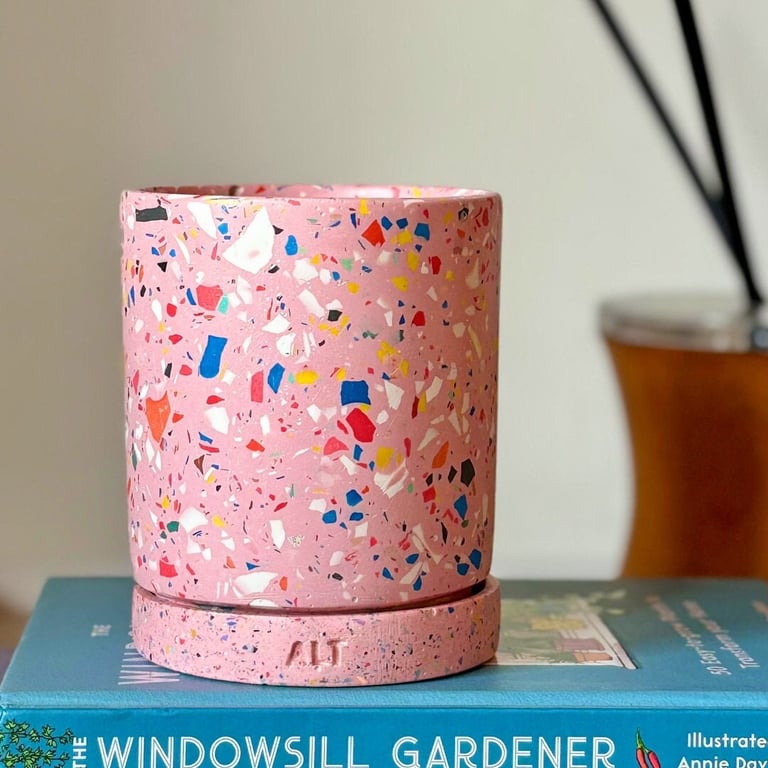 Terrazzo Plant Pot Jesmonite Pink, Indoor Planter with Drainage saucer & tray