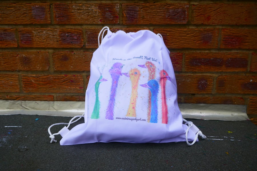 Colourful Ostrich  Drawstring bag, 34cm x 40 cm "Heads in the Sand? Not Us!