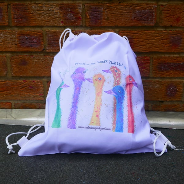 Colourful Ostrich  Drawstring bag, 34cm x 40 cm "Heads in the Sand? Not Us!
