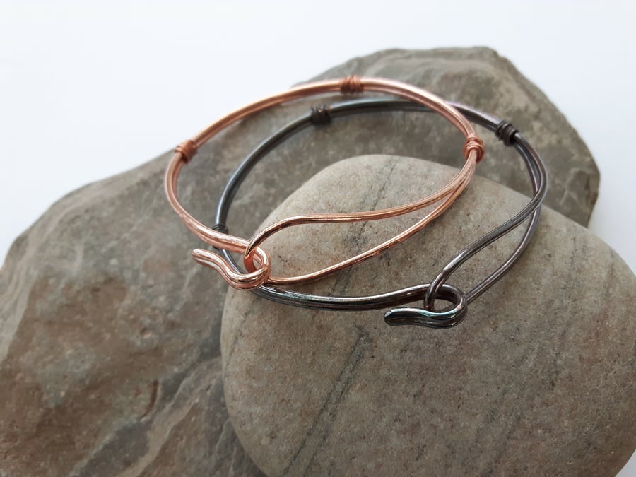 Copper Double Bangle, Hammered Loop and Hook, bronzed or bright finish