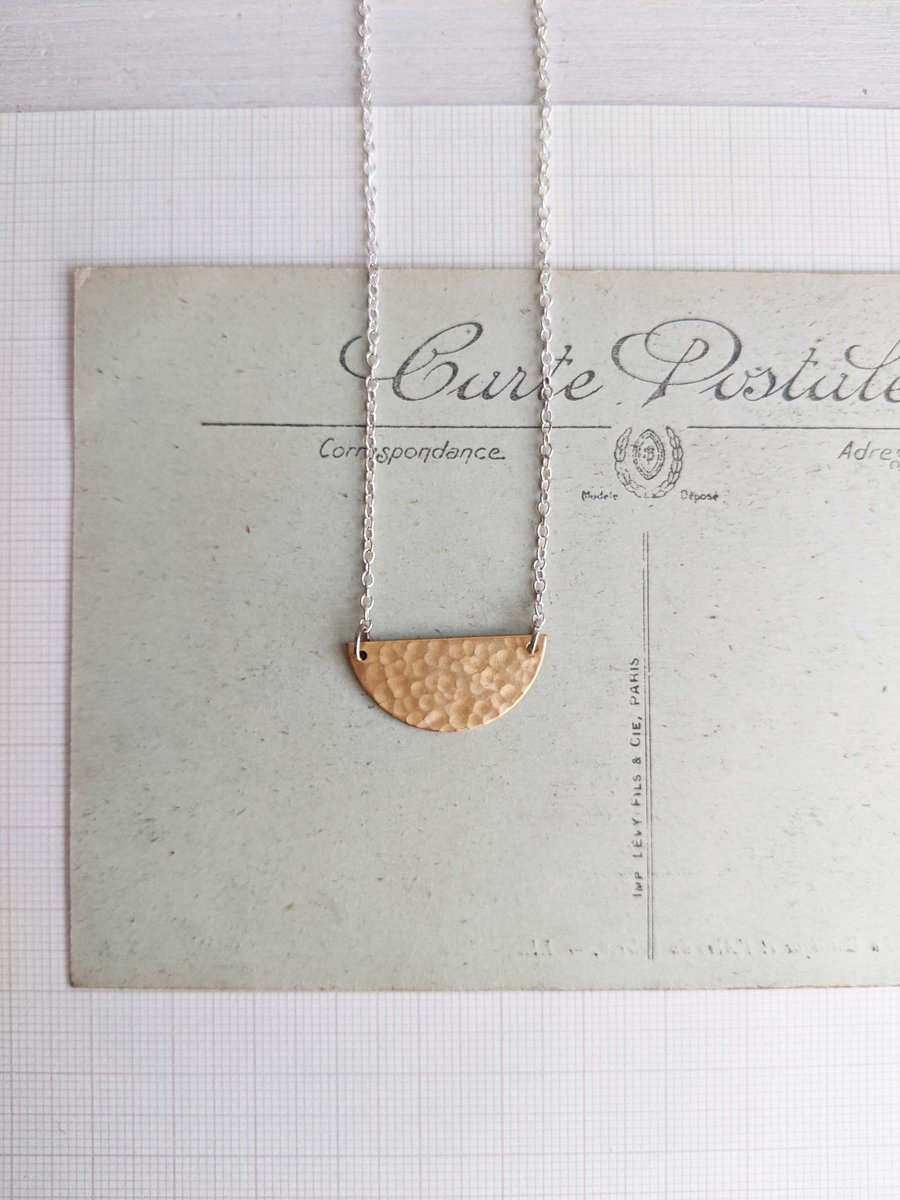 Golden Half Moon necklace on silver - textured brass semi circle on fine chain