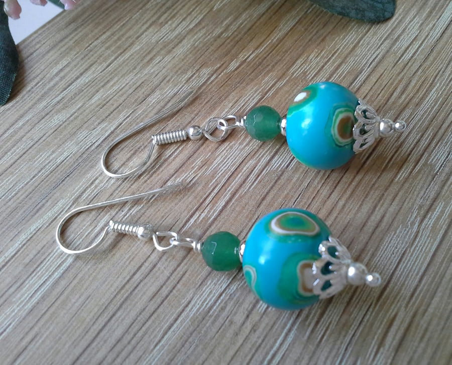 Agate & Hand Made Turquoise Coloured Polymer Clay Earrings  (Help a Charity)