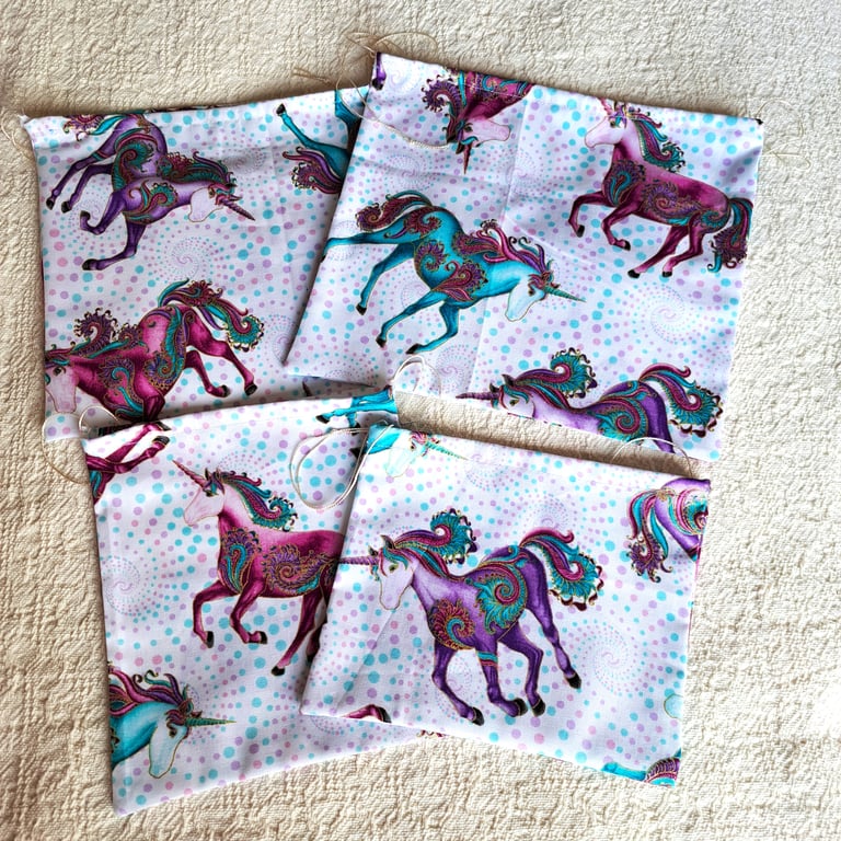 Pack of Four, unicorn, drawstring bags, gift bags, hand made