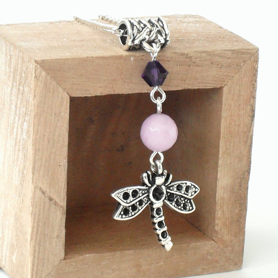 Dragonfly charm necklace, with lavender jade & Swarovski crystal