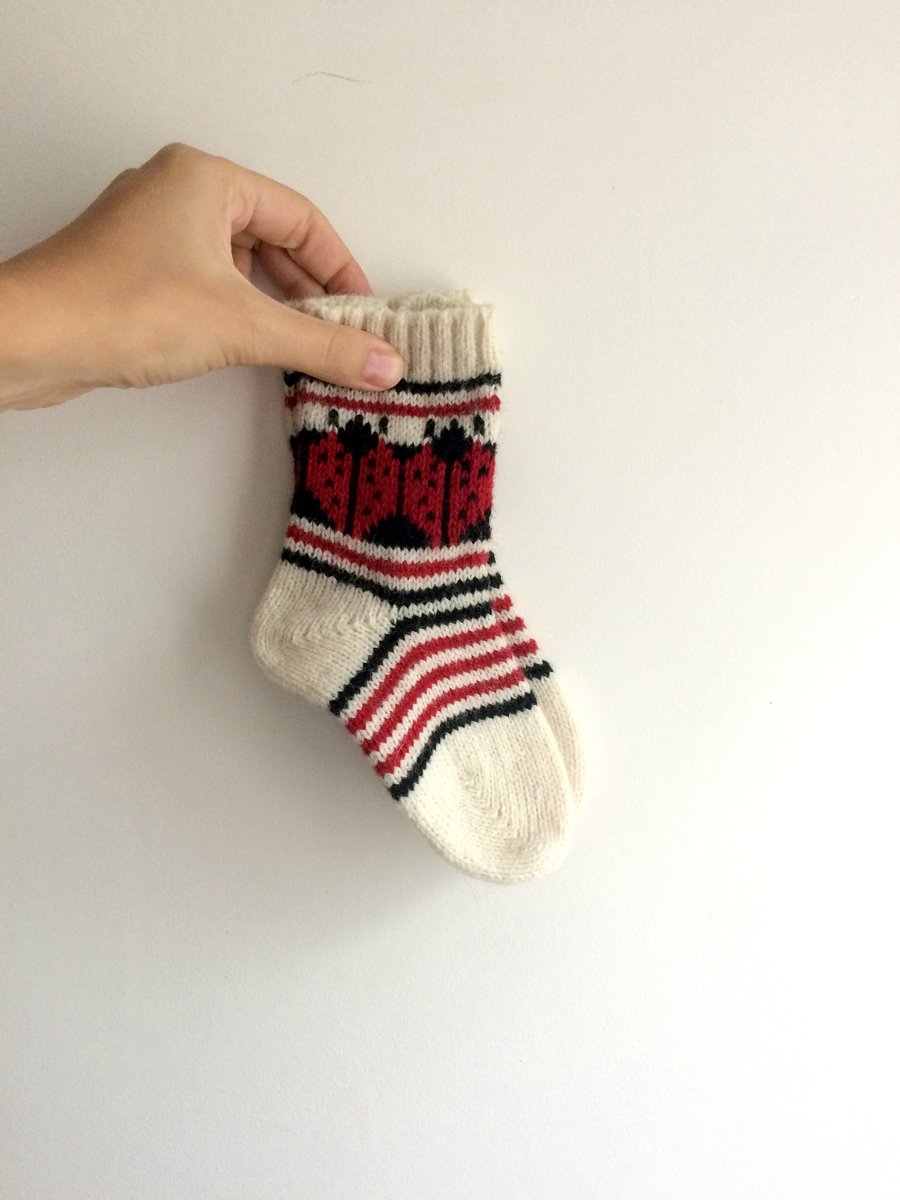 Children Kids Socks White Wool Red Ladybug Ladybird Fair Isle Winter Christmas 