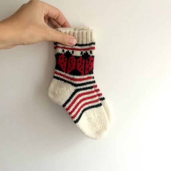 Children Kids Socks White Wool Red Ladybug Ladybird Fair Isle Winter Christmas 