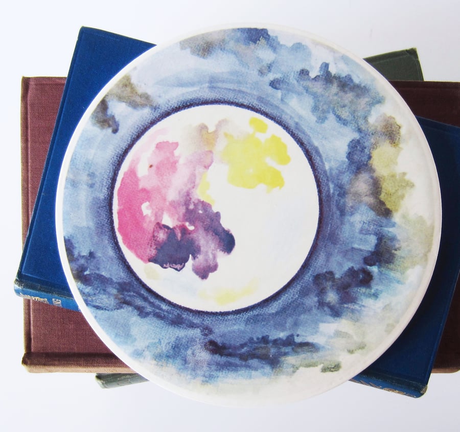 Full Moon and Clouds Artwork Round Ceramic Tile Trivet with Cork Backing