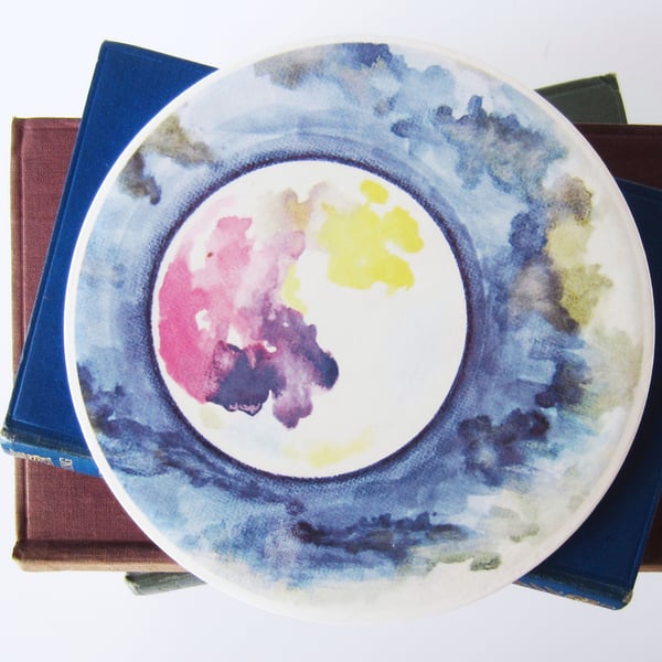 Full Moon and Clouds Artwork Round Ceramic Tile Trivet with Cork Backing