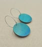 Round, wooden, hand printed hoop earrings in brown pink and blue-green - Image 7