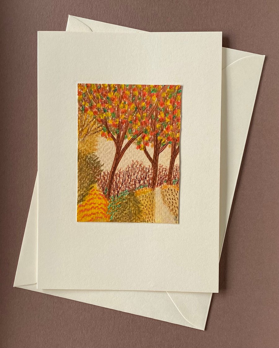 Hand painted art card Autumn Path