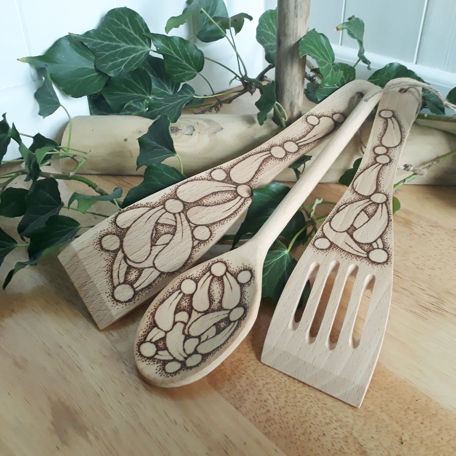 Three pyrography mistletoe wooden kitchen utensils