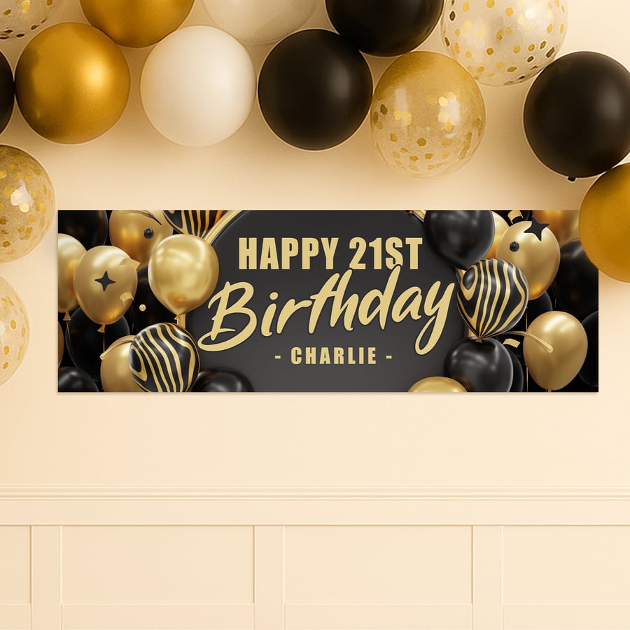 Personalised Black & Gold Balloon Birthday Banner: Custom Party Decoration