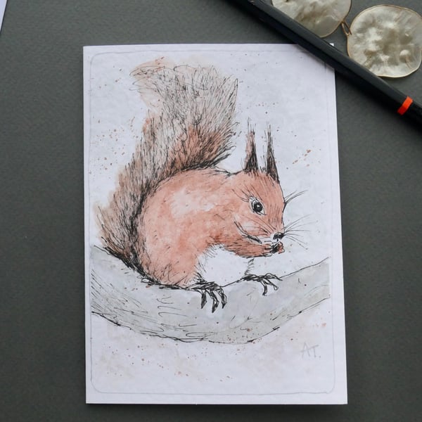 Hand Painted Red Squirrel Greetings Card with Envelope - Blank inside