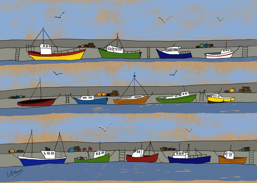 The Harbour - print of digital illustration of boats with mount